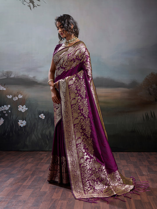 Wine Silk Blend Saree With Blouse Piece