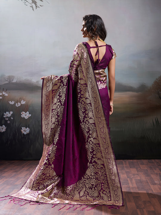 Wine Silk Blend Saree With Blouse Piece