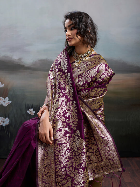 Wine Silk Blend Saree With Blouse Piece