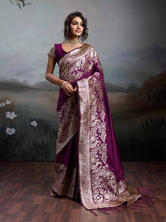 Wine Silk Blend Saree With Blouse Piece