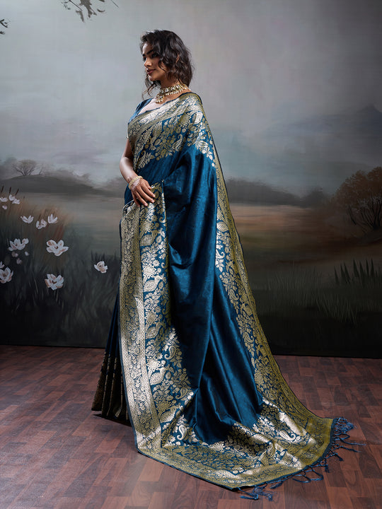 Navy Blue Silk Blend Saree With Blouse Piece