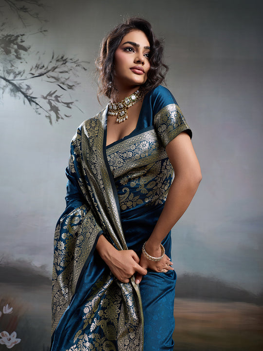 Navy Blue Silk Blend Saree With Blouse Piece