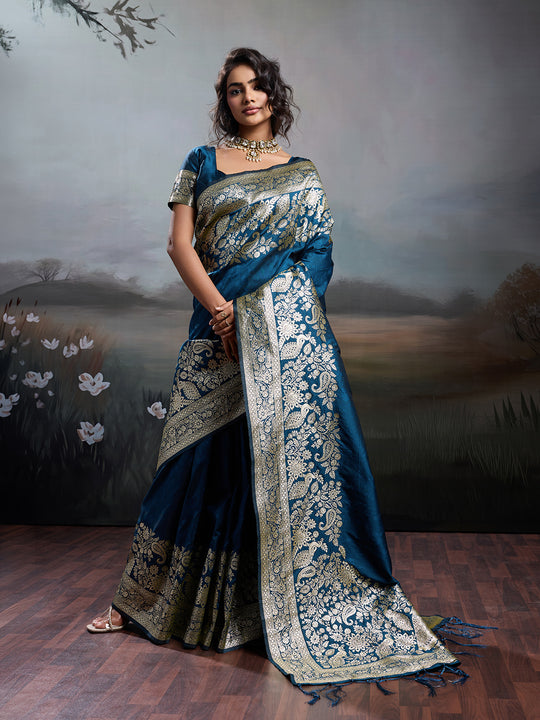 Navy Blue Silk Blend Saree With Blouse Piece