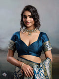 Navy Blue Silk Blend Saree With Blouse Piece