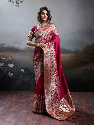 Maroon Silk Blend Saree With Blouse Piece