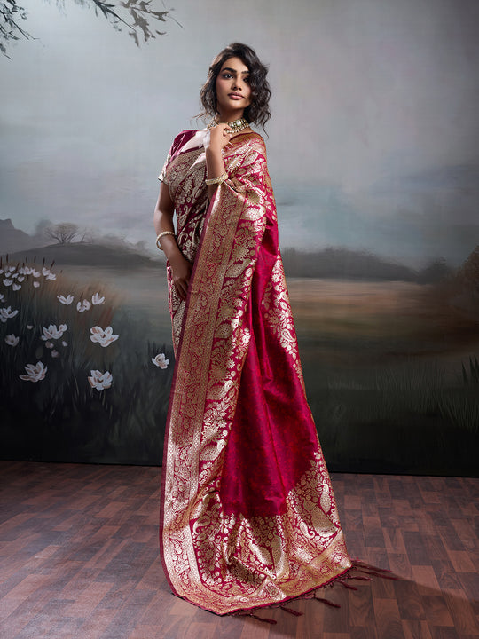 Maroon Silk Blend Saree With Blouse Piece