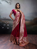 Maroon Silk Blend Saree With Blouse Piece