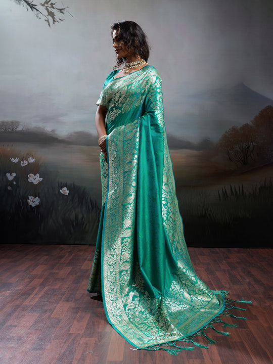 Rama Silk Blend Saree With Blouse Piece