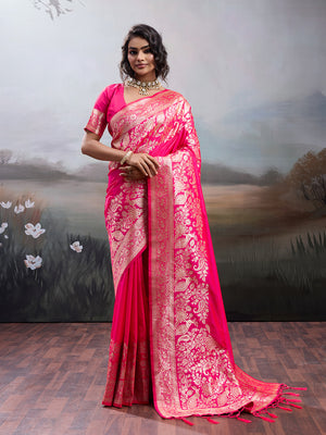 Pink Silk Blend Saree With Blouse Piece