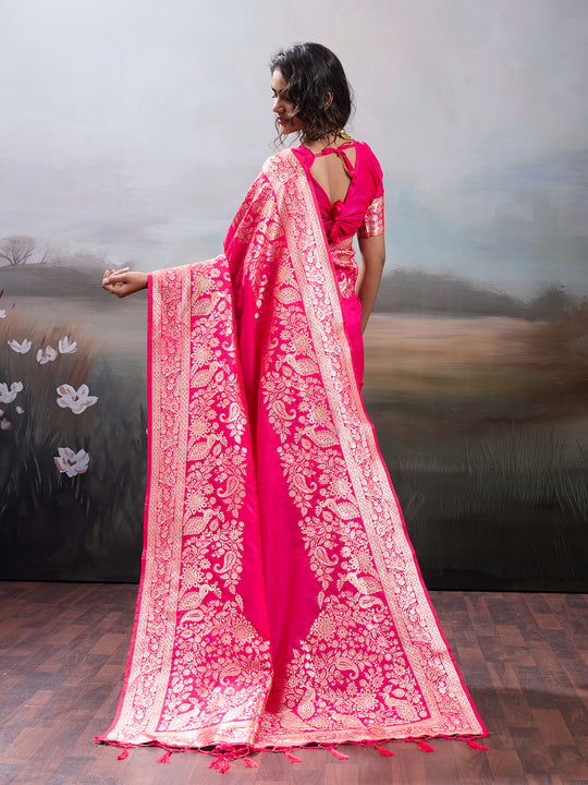 Pink Silk Blend Saree With Blouse Piece