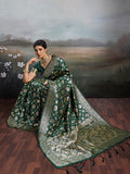 Bottal Green Silk Blend Saree With Blouse Piece