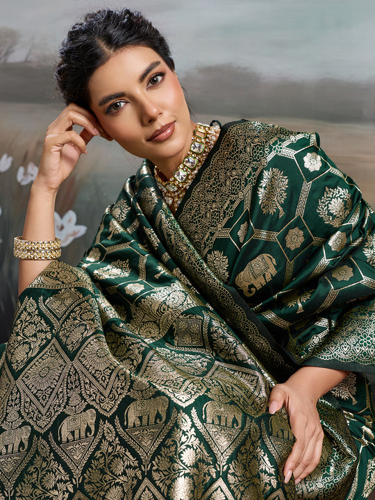 Bottal Green Silk Blend Saree With Blouse Piece