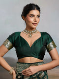 Bottal Green Silk Blend Saree With Blouse Piece