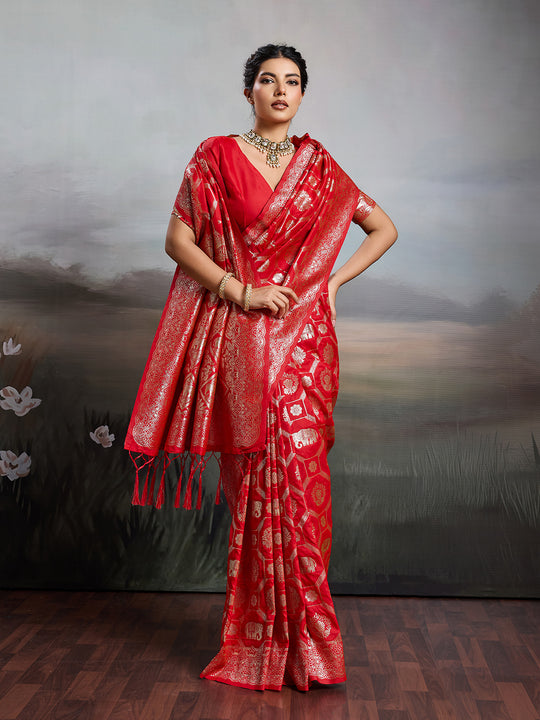 Red Silk Blend Saree With Blouse Piece