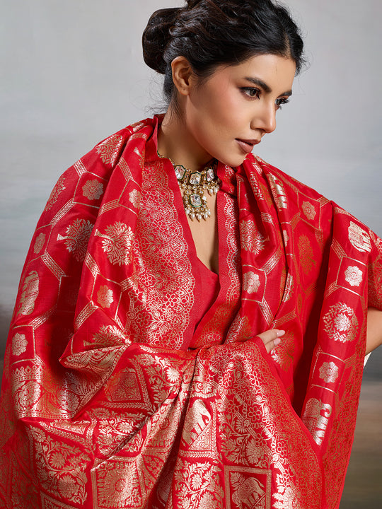 Red Silk Blend Saree With Blouse Piece