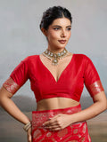 Red Silk Blend Saree With Blouse Piece