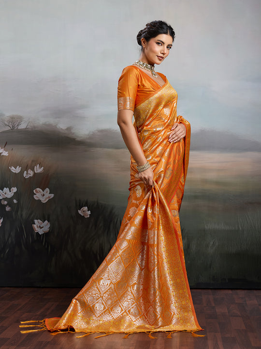 Orange Silk Blend Saree With Blouse Piece