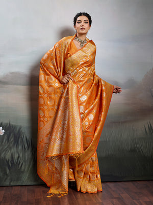 Orange Silk Blend Saree With Blouse Piece