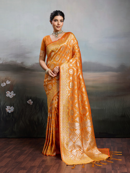 Orange Silk Blend Saree With Blouse Piece
