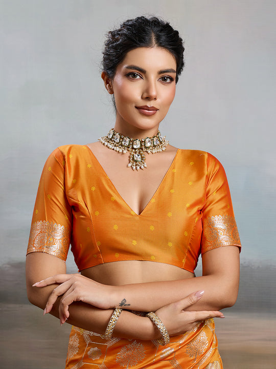 Orange Silk Blend Saree With Blouse Piece