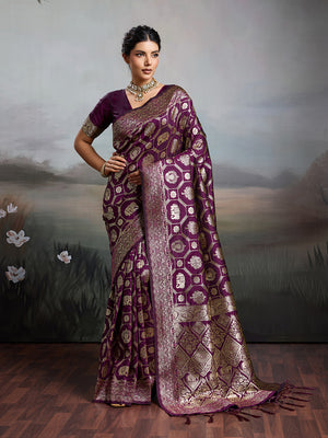 Wine Silk Blend Saree With Blouse Piece