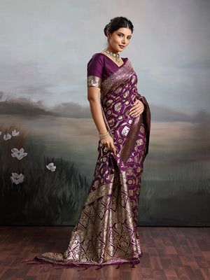 Wine Silk Blend Saree With Blouse Piece