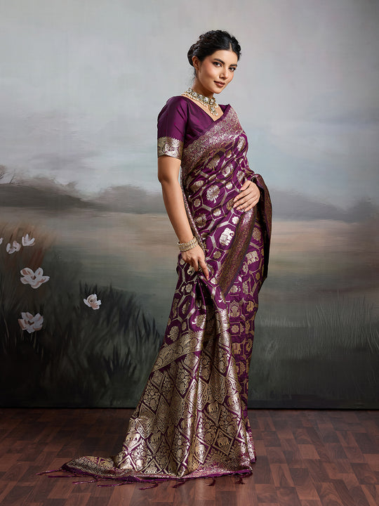 Wine Silk Blend Saree With Blouse Piece