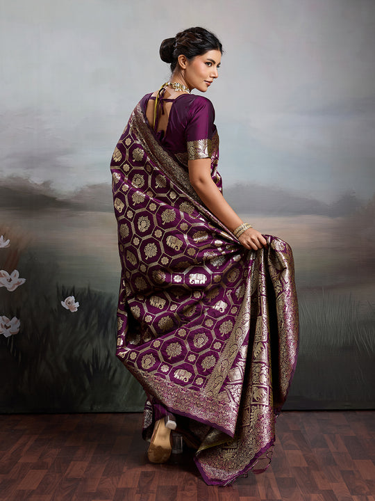 Wine Silk Blend Saree With Blouse Piece