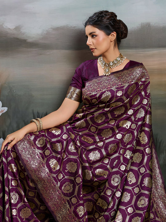 Wine Silk Blend Saree With Blouse Piece