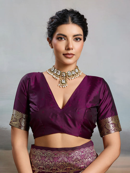 Wine Silk Blend Saree With Blouse Piece