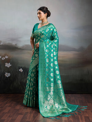 Rama Green Silk Blend Saree With Blouse Piece