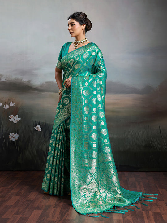 Rama Green Silk Blend Saree With Blouse Piece
