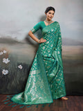 Rama Green Silk Blend Saree With Blouse Piece