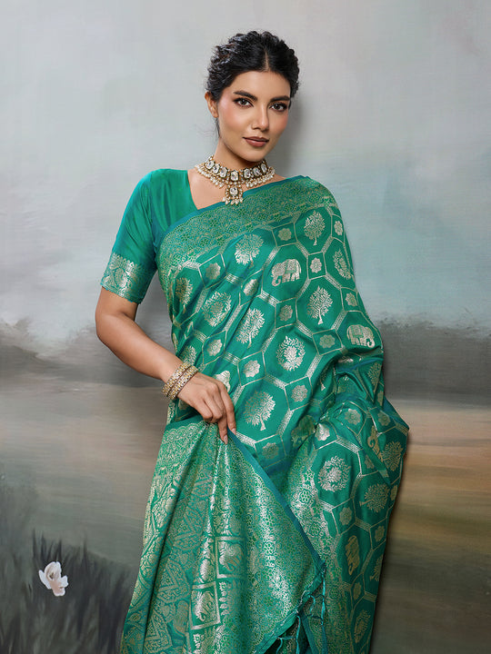 Rama Green Silk Blend Saree With Blouse Piece