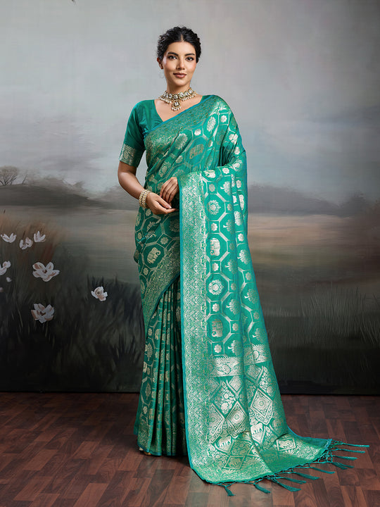 Rama Green Silk Blend Saree With Blouse Piece