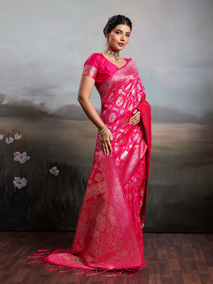 Rani Pink Silk Blend Saree With Blouse Piece
