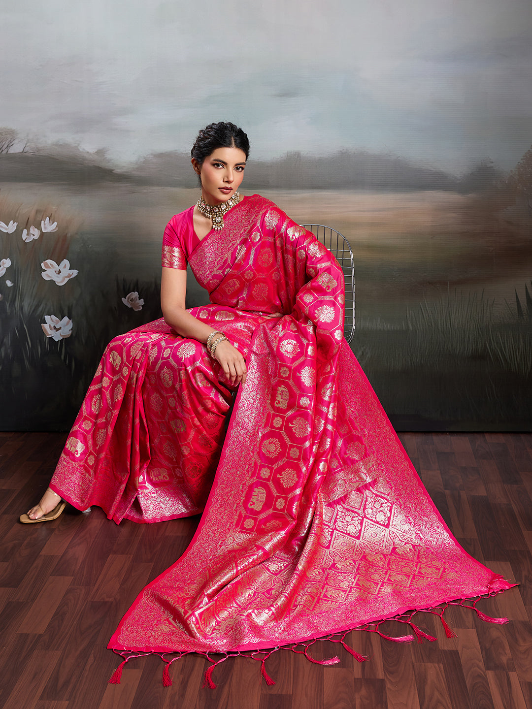 Karagiri | Rani Pink Silk Blend Saree With Blouse Piece