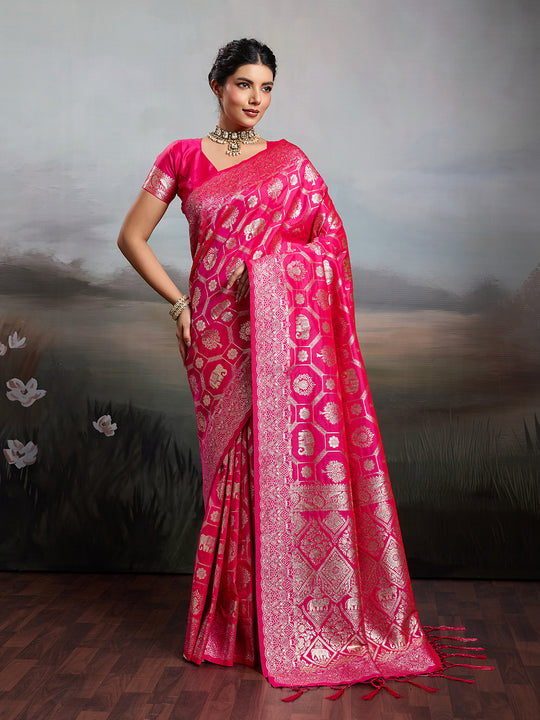 Rani Pink Silk Blend Saree With Blouse Piece