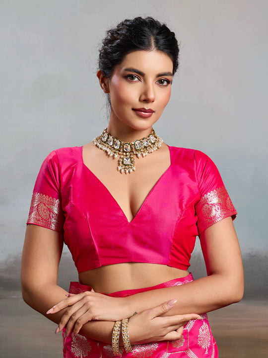Rani Pink Silk Blend Saree With Blouse Piece