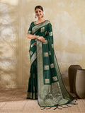 Dark Green Silk Blend Saree With Blouse Piece