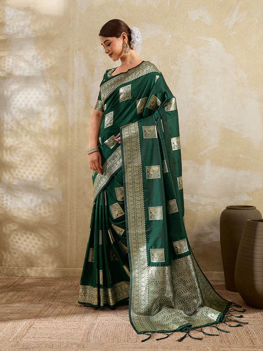 Dark Green Silk Blend Saree With Blouse Piece