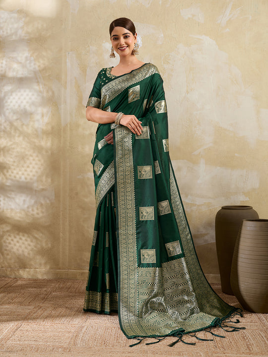Dark Green Silk Blend Saree With Blouse Piece