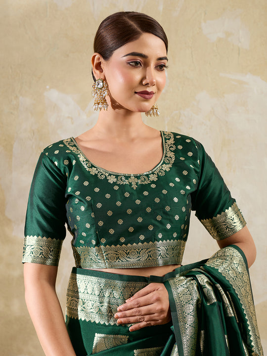 Dark Green Silk Blend Saree With Blouse Piece
