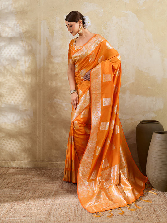 Orange Silk Blend Saree With Blouse Piece