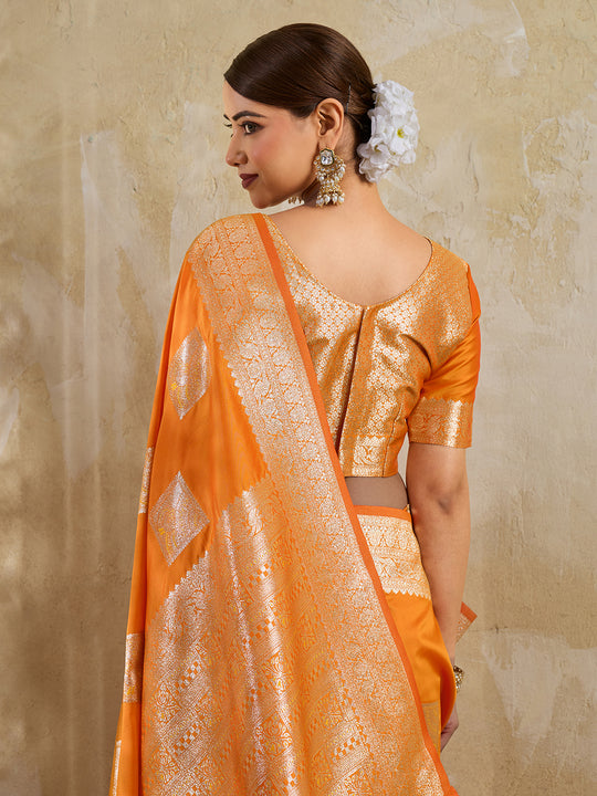 Orange Silk Blend Saree With Blouse Piece