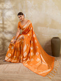 Orange Silk Blend Saree With Blouse Piece