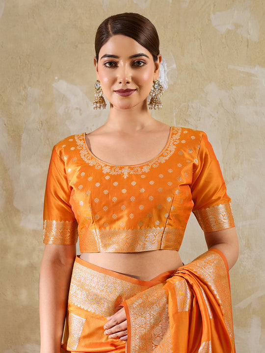 Orange Silk Blend Saree With Blouse Piece