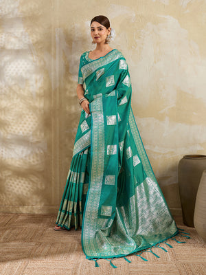 Sea Green Silk Blend Saree With Blouse Piece