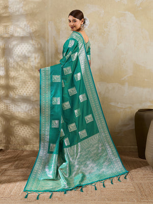Sea Green Silk Blend Saree With Blouse Piece