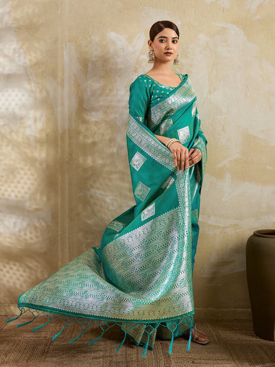 Sea Green Silk Blend Saree With Blouse Piece